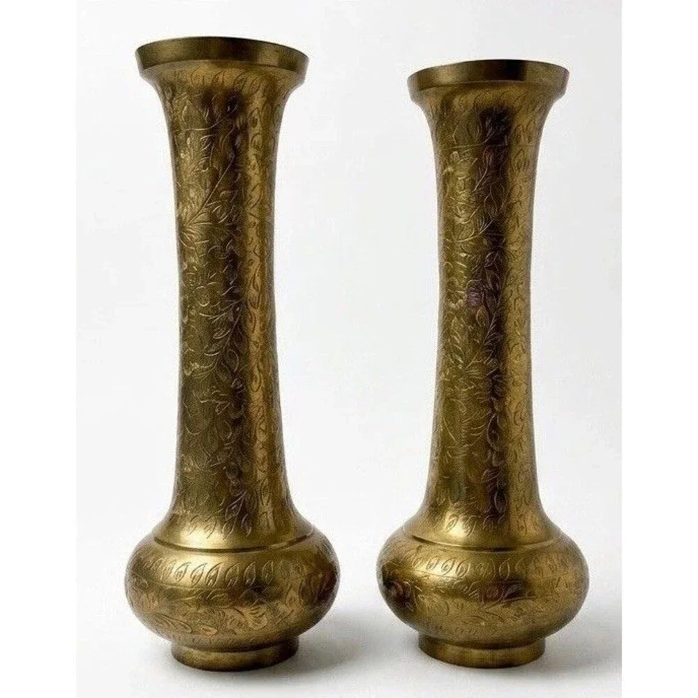 Vintage Pair Etched Brass Vases 11.5” Floral Engraved Made in India Boho Decor